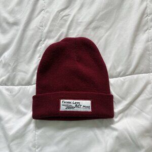Think Less Act More Beanie Hat Winter Fall Unisex Red White Acrylic